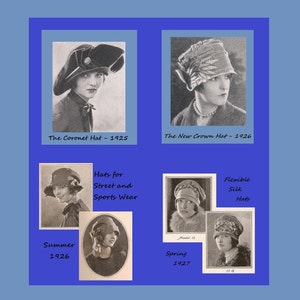 Könnte beinhalten: Eine Vintage-Anzeige mit Schwarz-Weiß-Bildern von Frauen, die verschiedene Hüte tragen. Der Text enthält "The Coronet Hat - 1925", "The New Crown Hat - 1926", "Hats for Street and Sports Wear", "Summer 1926", "Spring 1927" und "Flexible Silk Hats".