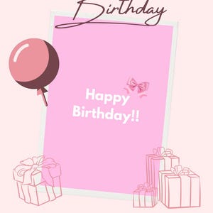 Tarjeta de cumpleaños rosa con lazo – Descarga digital minimalista – Tarjeta de cumpleaños imprimible moderna – Opción personalizada