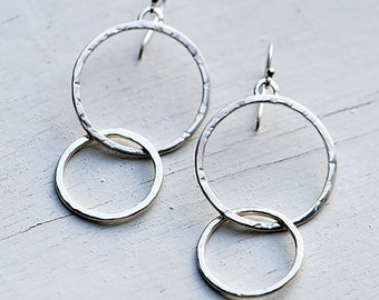 Sterling Silver Double-Hoop Earrings, Connected Hoops, Hammered Hoops, Textured Hoops, Sterling Silver Hoop Earrings, Boho Hoops, Minimalist