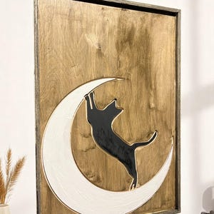 Cat Moon Wood Wall Art, Black Cat Wall Hanging, Crescent Moon Decor, Handmade Rustic Panel, Pet Lover Gift, Boho Witchy Decor,60x40