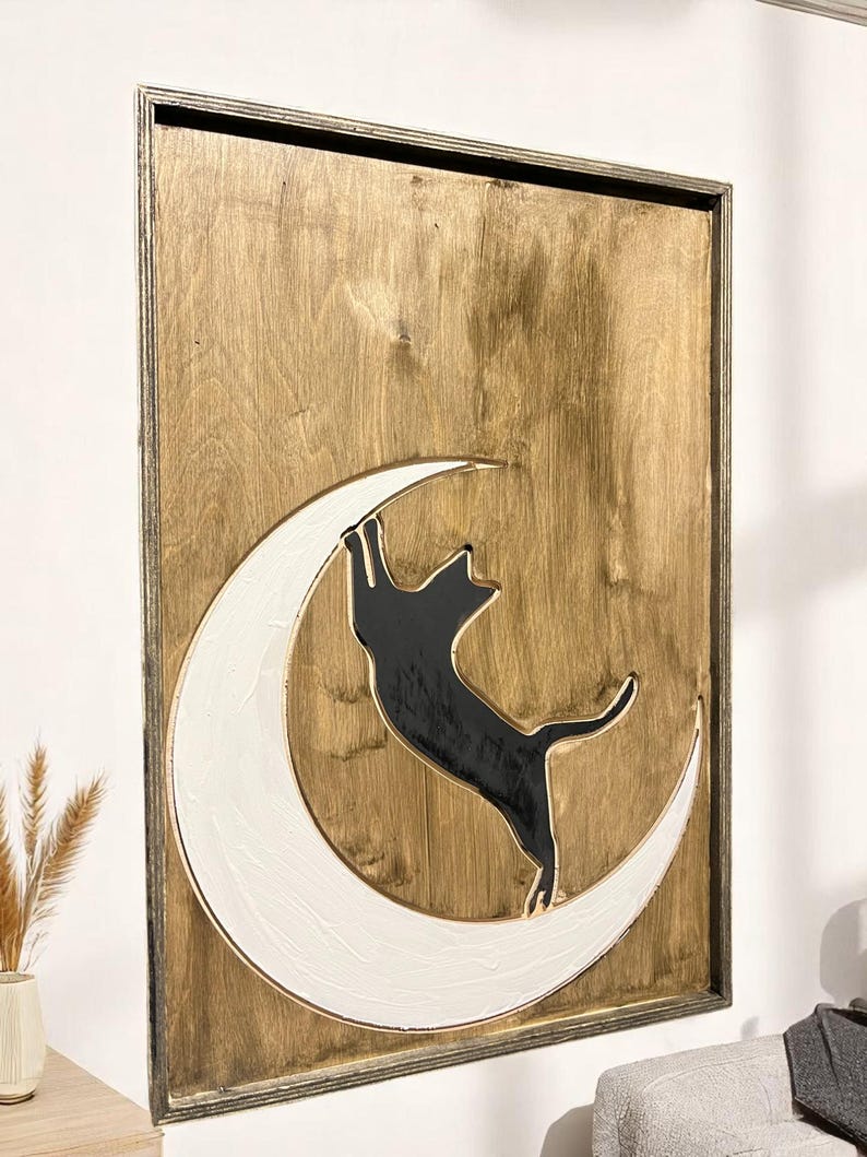 Cat Moon Wood Wall Art, Black Cat Wall Hanging, Crescent Moon Decor, Handmade Rustic Panel, Pet Lover Gift, Boho Witchy Decor,60x40