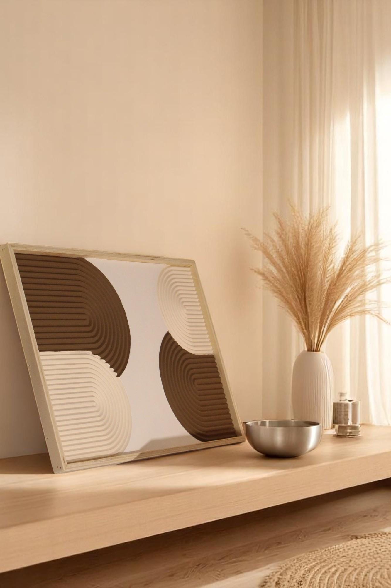 【立体木製】アート Abstract 3D Wood Wall Art, Geometric Neutral Panel, Textured