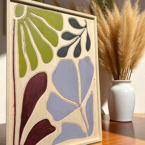 Botanical Wood Wall Art, Colorful Nature-Inspired Panel, 60x40 cm Floral Carved Decor, Modern Abstract Plant Wall Hanging
