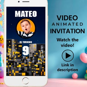 Puede incluir: Un teléfono inteligente muestra una invitación de cumpleaños con el nombre "MATEO" y una foto de un niño. La invitación presenta un gráfico de paisaje urbano y el texto "IS TURNING 9." El texto adicional dice "VIDEO ANIMATED INVITATION" y "Watch the video!"