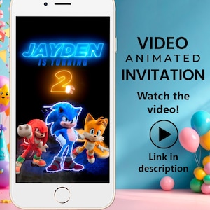 Sonic the Hedgehog Geburtstags-Party-Video-Einladung, Sonic-Film digital animierte Videoeinladung für Handy
