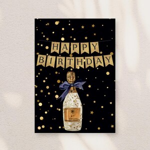 Cartão de Feliz Aniversário Preto para Imprimir com Bolinhas Champanhe e Douradas e Estrelas