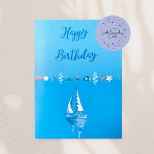 Cartão de Feliz Aniversário Dobrado Tema Mar Azul