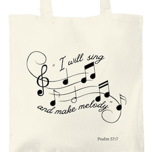 Stofftasche mit Bibelvers Psalm 57:7 – I will sing and make melody – Line-Art Musikmotiv – Christliche Tasche aus Baumwolle