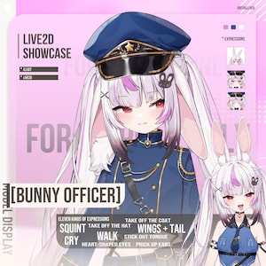 Puede incluir: Ilustración digital de un personaje de oficial conejito con uniforme y sombrero azules. El personaje tiene cabello blanco con reflejos morados, ojos rojos y largas orejas de conejo. La imagen incluye el texto "LIVE2D SHOWCASE" y "BUNNY OFFICER."