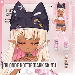 May include: A digital character illustration featuring a dark-skinned figure with long blonde hair, pointed ears, and a black cat-ear beanie adorned with colorful patches. The character wears a white top, denim shorts, and pink leg warmers.