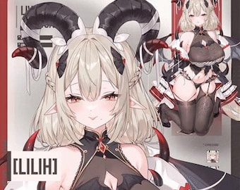 May include: Digital illustration of a female anime character with light blonde hair, large black horns, and red eyes. She wears a black and red outfit with a bat-shaped design. The text "[LILIH]" is displayed in a white box.