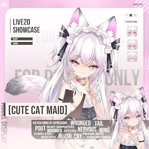 May include: A digital illustration of a cute cat maid with white hair, cat ears, and a tail. The character wears a maid outfit and a pink collar. The image includes text that says "LIVE2D SHOWCASE" and "[CUTE CAT MAID]", along with various facial expressions.