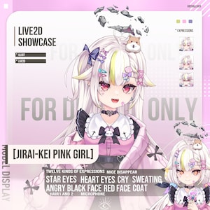 May include: Digital illustration of a pink-haired anime-style girl with multiple expressions. The image includes text that reads "LIVE2D SHOWCASE" and "[JIRAI-KEI PINK GIRL]" with additional text describing facial expressions and features.