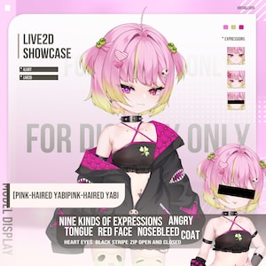 May include: A digital illustration of a character with pink hair and multiple expressions. The character wears a black and pink outfit with a choker. Text on the image includes "LIVE2D SHOWCASE" and "NINE KINDS OF EXPRESSIONS".