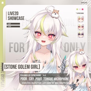May include: Digital illustration of a white-haired anime-style character with pink eyes and a small hamster on her head. The image includes text that reads "LIVE2D SHOWCASE" and "STONE GOLEM GIRL."