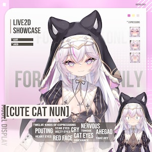 以下が含まれることがあります： 長い白髪と白黒の修道服を着た、かわいい猫の尼僧のデジタルイラスト。画像には「LIVE2D SHOWCASE」と「CUTE CAT NUN」というテキストが含まれています。イラストはさまざまな表情を示しています。