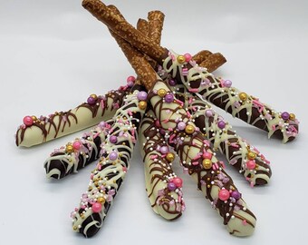 Hand Decorated Chocolate Dipped Pretzel Rod for any Holiday or a Dessert Bar