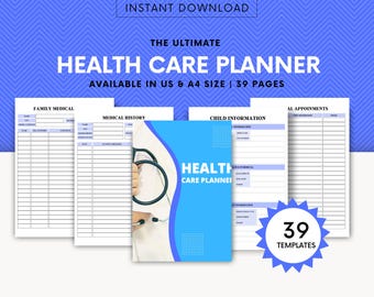Op de afbeelding: Een digitale zorgplanner met een blauw en wit ontwerp. De omslag toont een stethoscoop en de woorden "Health Care Planner". De planner bevat sjablonen voor de medische geschiedenis van de familie, kindinformatie en afspraken. De afbeelding vermeldt ook "39 sjablonen."