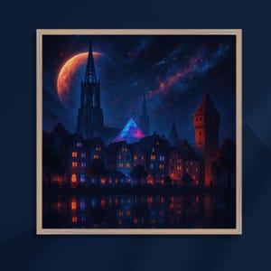 Ulm Wandbild Sci-Fi Stil – Fantastisches Stadtmotiv mit Mond & Sternenhimmel – Ulmer Münster Illustration – Gerahmte Nachtkulisse