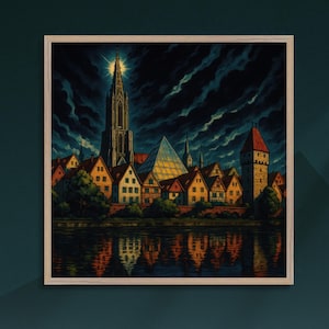 Ulm Poster Gerahmt bei Nacht – Mystische Ulmer Skyline als Wandbild – Wandbild Ulm – Dunkle Wallart mit Ulmer Münster Illustration