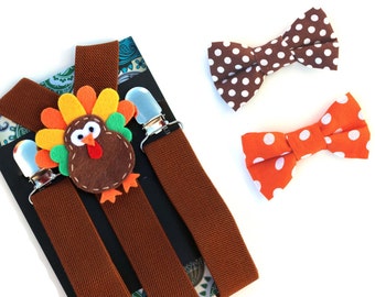 Kids Turkey Suspenders, Boys Thanksgiving Outfit, Brown Suspenders, Baby Suspenders, Toddler Suspenders, Childrens Photo Prop, Holiday,