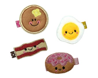 Breakfast Time Hair Clip Set, Pancake, Eggs, Bacon and Dunuts Hair Clippies, Girl Barrette, Hair Clippies, hcset12