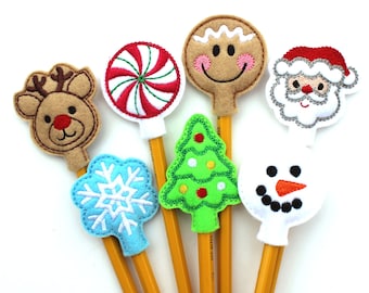 Christmas Pencil Topper Set, Christmas Pencil Toppers, Felt Pencil Toppers, Classroom Treat Bag, Party Favor, School Party, Christmas Party