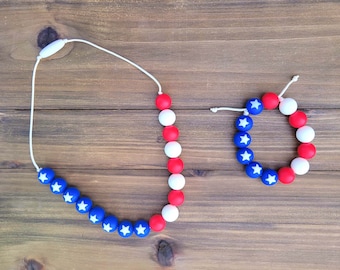 Patriotic Necklace, Flag Necklace, Flag Jewelry, Adjustable Bracelet, 4th of July, Toddler Jewelry, Little Girls Jewelry, Party Favor