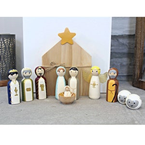 Nativity Peg Doll Set - 12 Piece Set, Wooden Nativity Set, Christmas Decorations, Manger, Christmas Story, Birth of Jesus, Mantel Decor