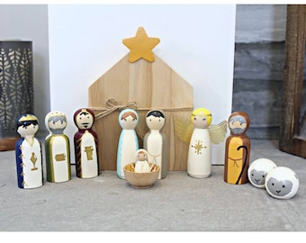 Nativity Peg Doll Set - 12 Piece Set, Wooden Nativity Set, Christmas Decorations, Manger, Christmas Story, Birth of Jesus, Mantel Decor