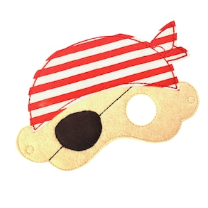 May include: A felt pirate eye mask with a red and white striped bandana. The mask has a black eye patch and a hole for the eye.