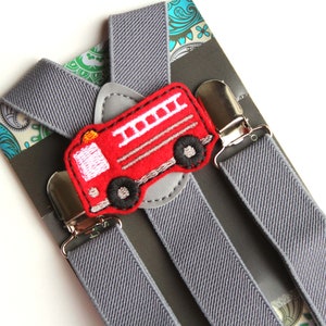 Kids Fire Engine Suspenders, Firetruck, Grey Suspenders, Boys Suspenders, Baby, Toddler Suspenders, Childrens Photo Prop, Wedding, Birthday