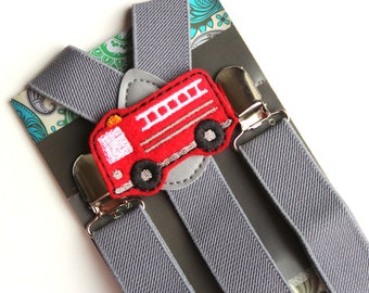 Kids Fire Engine Suspenders, Firetruck, Grey Suspenders, Boys Suspenders, Baby, Toddler Suspenders, Childrens Photo Prop, Wedding, Birthday