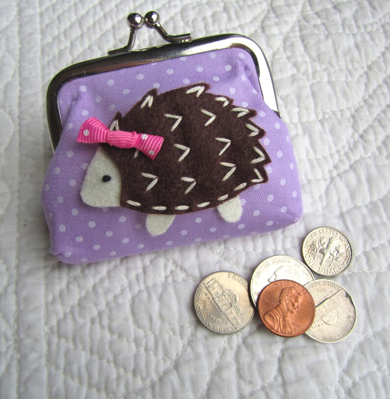 Purple Polka Dot Lunch Money Holder Hedgehog Change Purse School Money Holder Girls Coin Purse Clasp Pouch