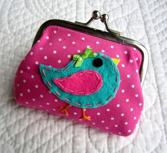 Girls Coin Purse Bird Change Purse Pink Polka Dot Lunch Etsy
