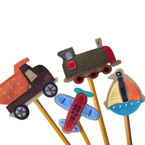 PICK 1 Pencil Topper, Dump Truck, Train, Airplane, Sailboat, Felt Pencil Topper, Classroom Treat Bag, Party Favor, Back to School