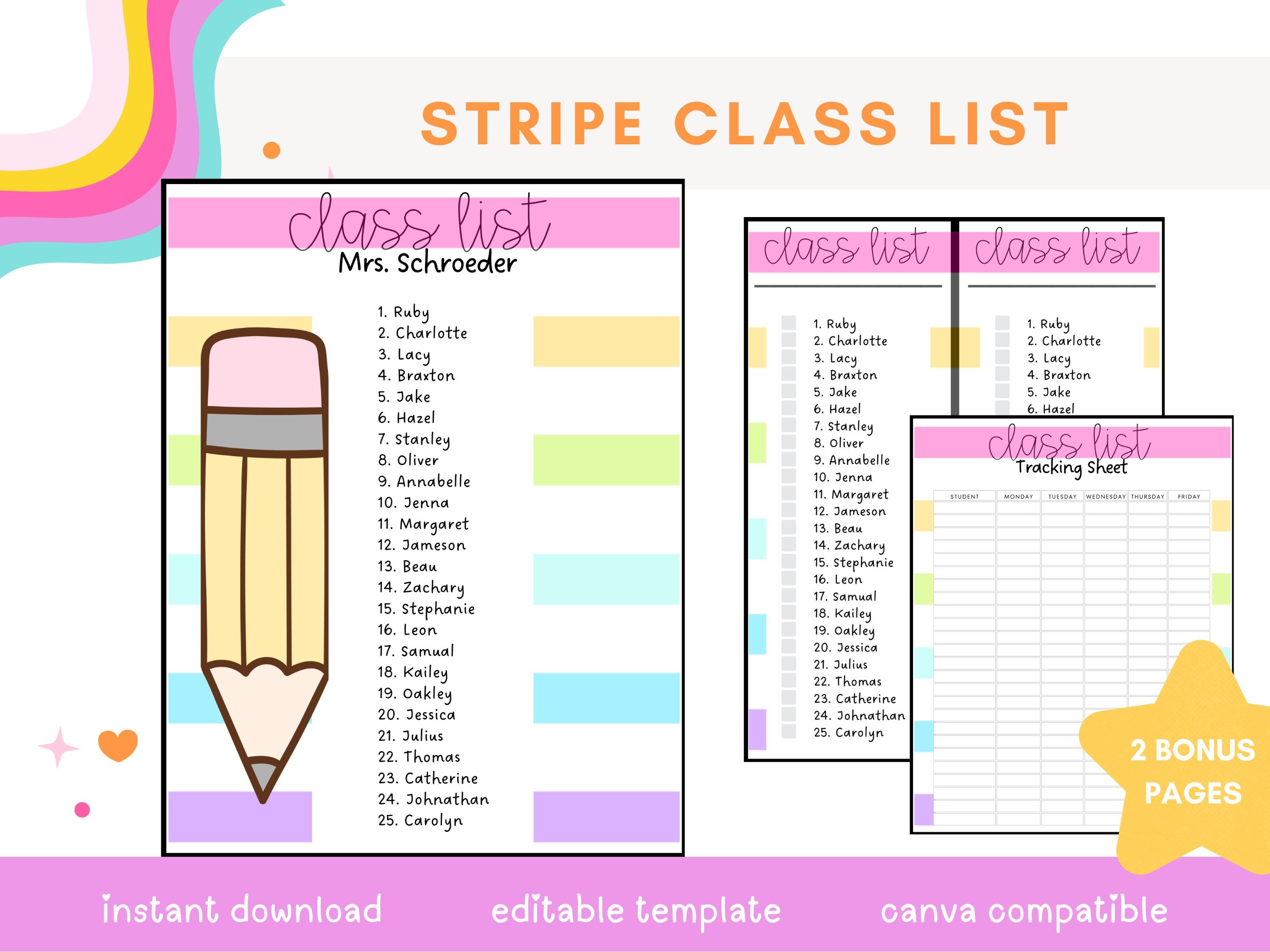 Stripe Class List Template: Editable Teacher Printable (Digital Download)