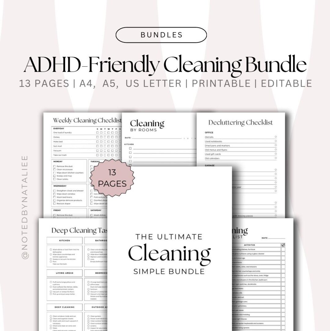 Printable Cleaning Checklist Bundle, ADHD Friendly Cleaning Planner