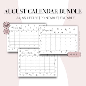 August 2025 Calendar Printable Bundle: Summer Themes (Editable PDF, A4/A5/Letter Sizes)