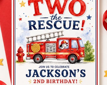 Firefighter Birthday Invitation Template | Two the Rescue 2nd Birthday Invite | Editable Canva Fire Truck Birthday Party Invitation Boy