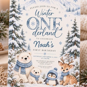Puede incluir: Una tarjeta de invitación rectangular con un paisaje invernal de montañas nevadas, pinos y copos de nieve. El texto dice: Please join us for a Winter ONEderland to celebrate Noah's first birthday, Saturday, December 14, 2025, at 2:00 PM, The Anderson Residence, 123 Snowflake Lane, Aspen, CO 81611, kindly RSVP to Emma at 123-456-7890. Dos osos polares, un pingüino y un ciervo con bufandas azules aparecen ilustrados en la parte inferior.