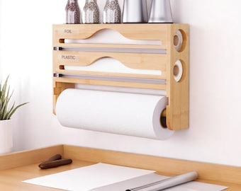 Bamboo Foil and Film Dispenser with Towel Holder: Wall Mounted Kitchen Organizer