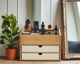 Organizador de maquillaje de bambú: almacenamiento de cosméticos y joyas de escritorio