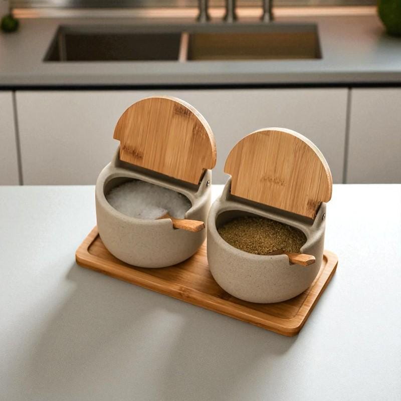 White Ceramic Salt Cellar with Spoon & Bamboo Lid