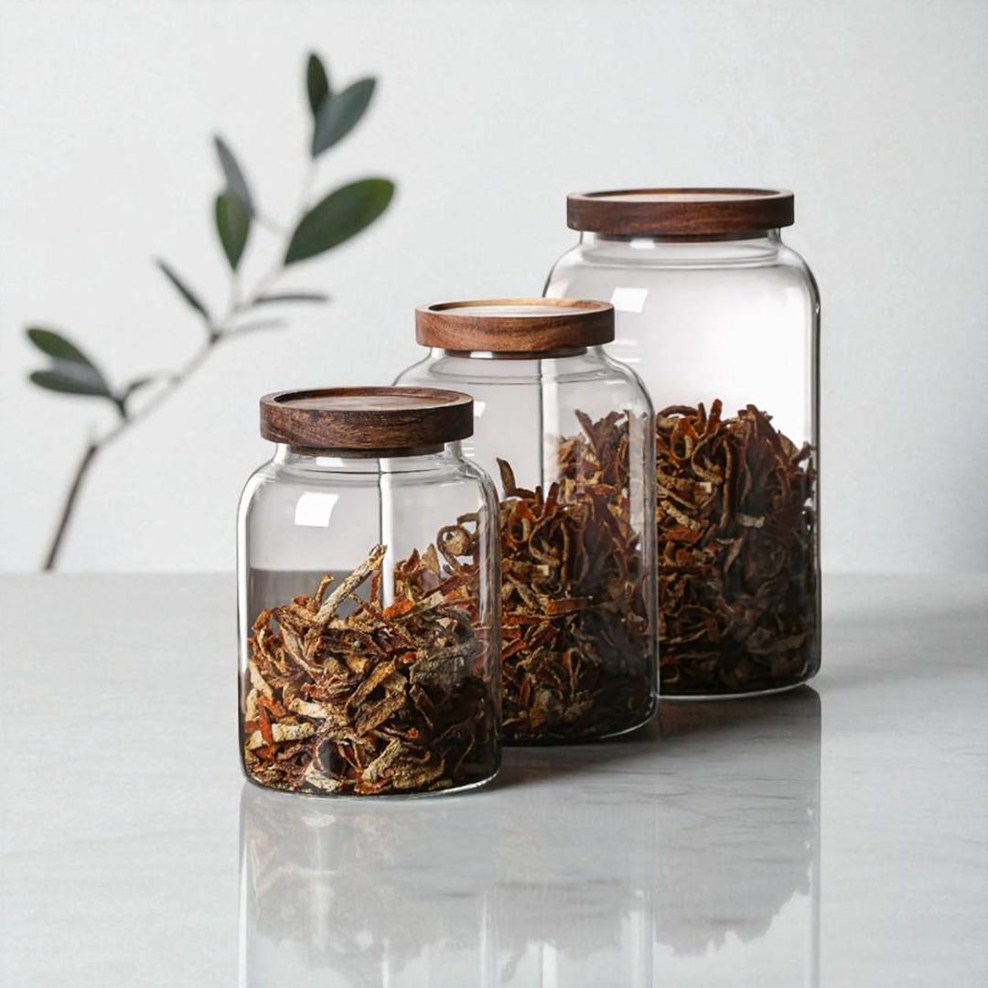 Borosilicate Glass Storage Jar With Wood Lid: Airtight Kitchen ...