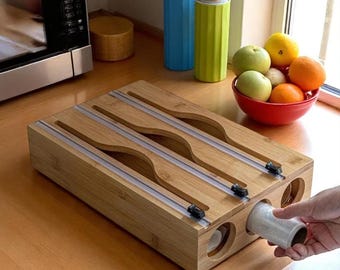 Bamboo Food Wrap Dispenser with Cutter: Kitchen Drawer Organizer