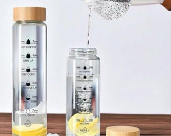 Borosilicate Glass Water Bottle: Bamboo Lid, Time Marker & Infuser
