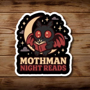 Mothman Night Reads Bookish Kiss-Cut Sticker, Cute Cryptid Vinyl Decal for Kindles, Spooky Book Lover Gift, Paranormal Moth Lover Sticker