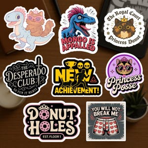 Dungeon Crawler Carl Inspired Sticker Bundle, Mongo, Princess Donut, Desperado Club, New Achievement, 3, 4 or 5 Pack, Sci-Fi Book Lover Gift