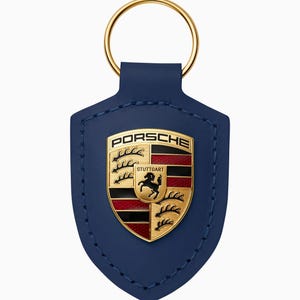 PORSCHE Original Leather Crest key Ring Fob Chain, Blue, WAP0500920E, Free Shipping